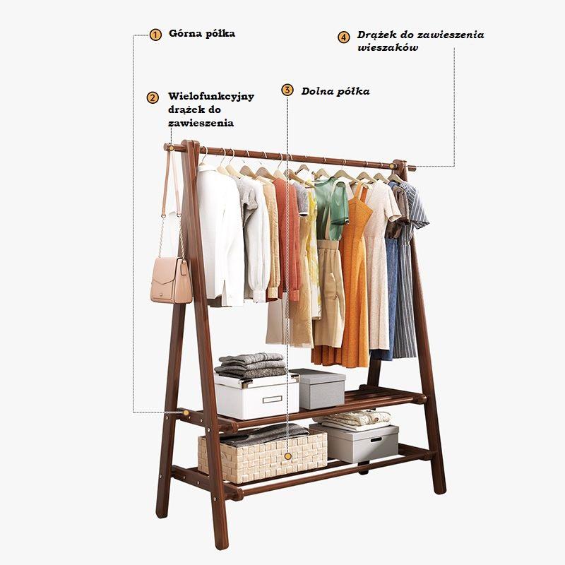Bamboo free-standing trapezoidal clothes rack with 2-level shelves, width 116 cm.