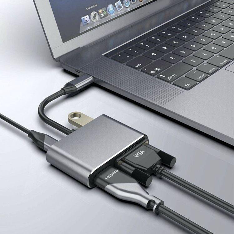 Adapter aluminiowy HUB 4w1 USB-C na 4K HDMI, VGA, USB 3.0, PD USB-C