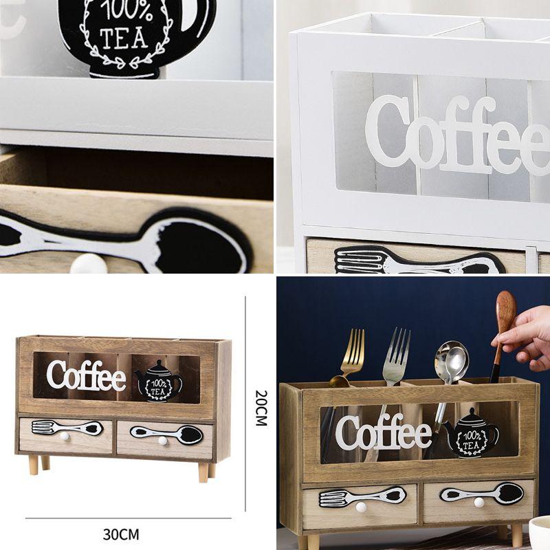 Drewniany organizer z szufladami na kawę i herbatę - biały