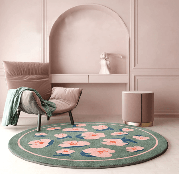 Round rug, non-slip 100 x 100 cm - Flowers pattern, green