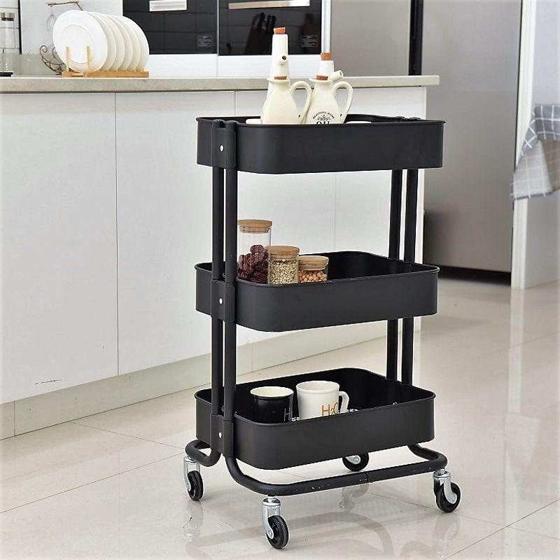 Multifunctional cabinet on wheels with three capacious shelves - black