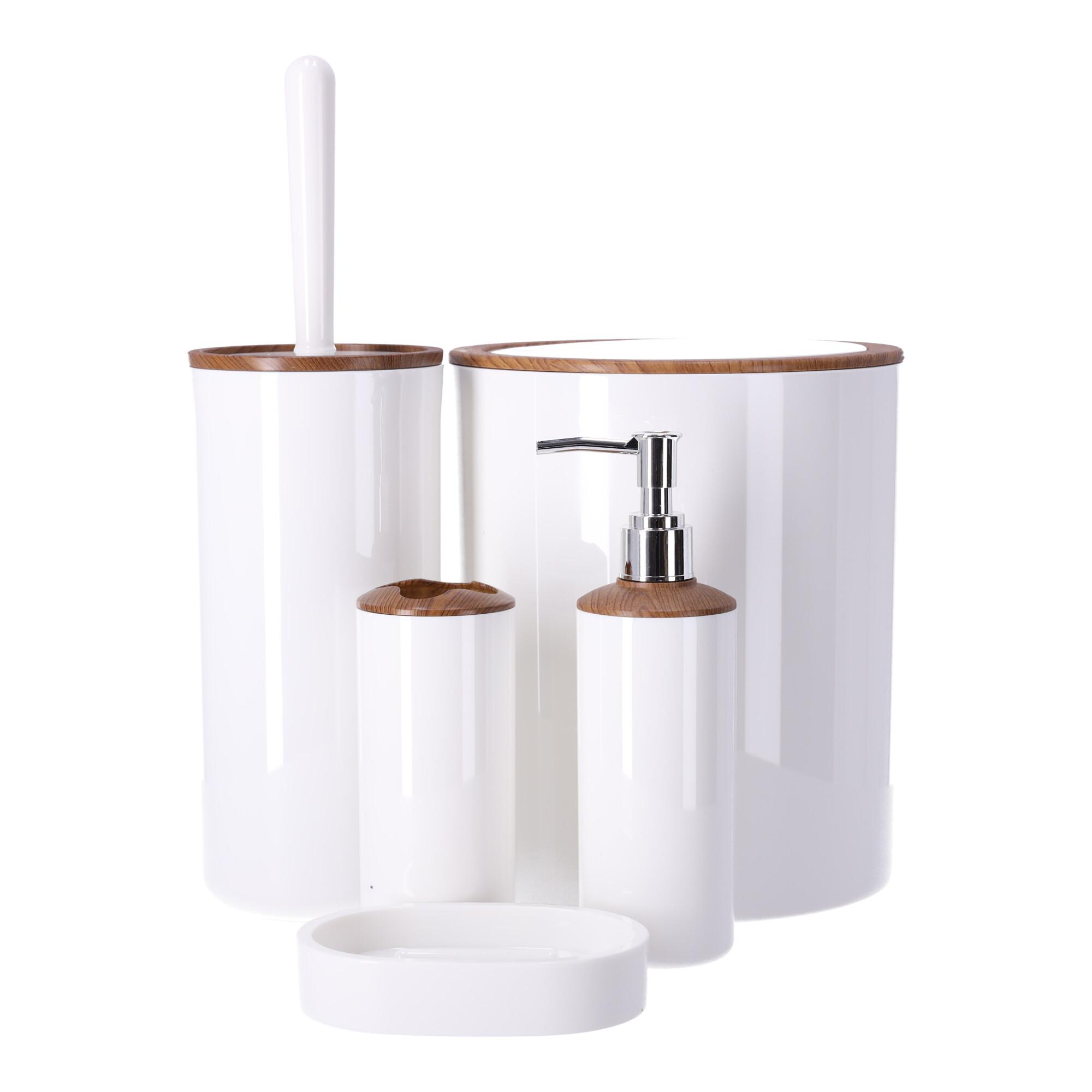 Bathroom accessories set of 5 items BERRETTI, white + wood