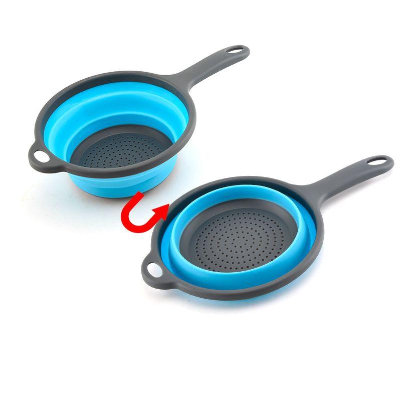 Silicone, foldable colander with a handle - 2 pieces, blue