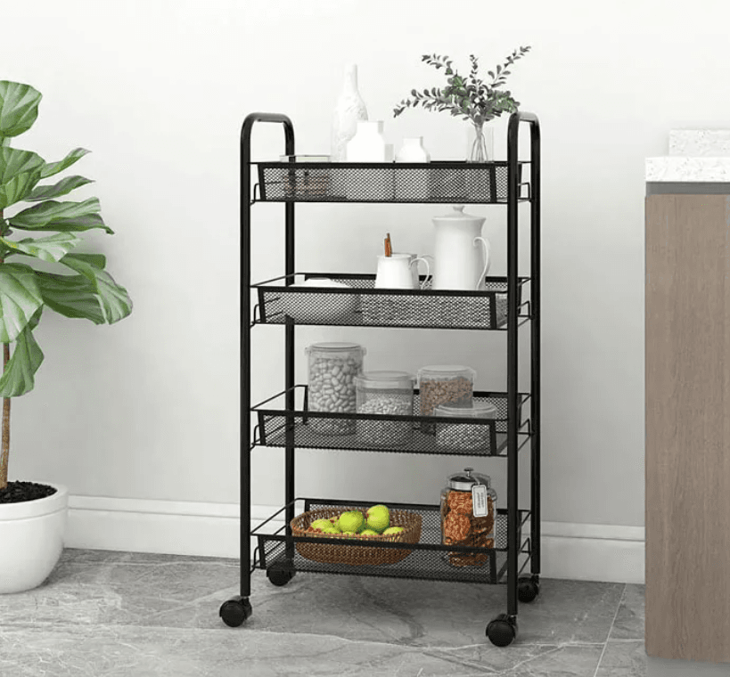 Bathroom cart, kitchen rack with four capacious shelves - black