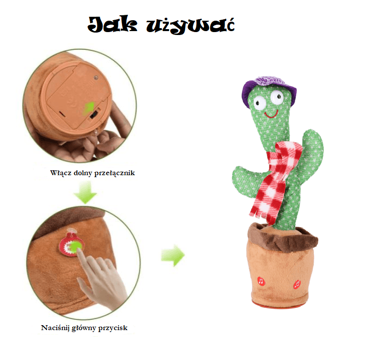 Children's toy - Dancing cactus - with red checkered scarf and purple hat