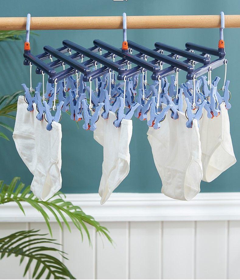 Plastic foldable clothes hanger with clips - 19 clips - light blue