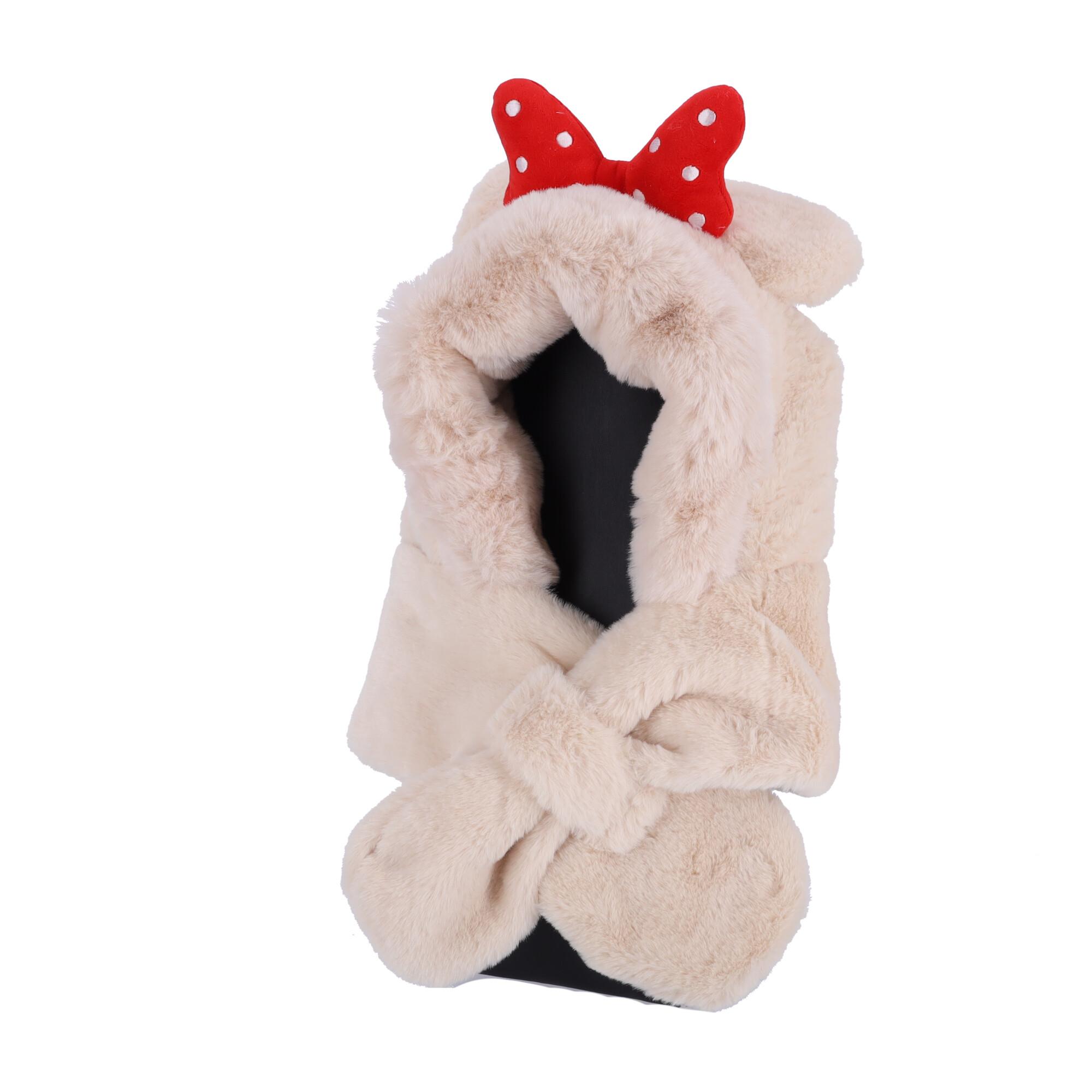 Children's plush hat with a scarf for children aged 1 to 8 - beige with a red bow