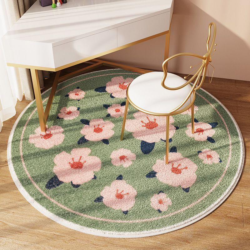 Round rug, non-slip 100 x 100 cm - Flowers pattern, green