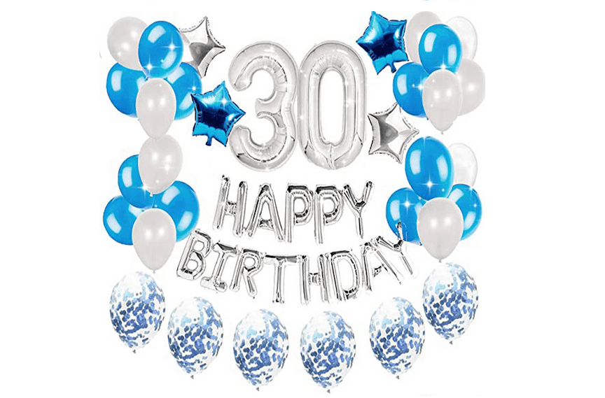 Zestaw balonów na 30-ste urodziny - srebrno - niebieski 45 sztuk