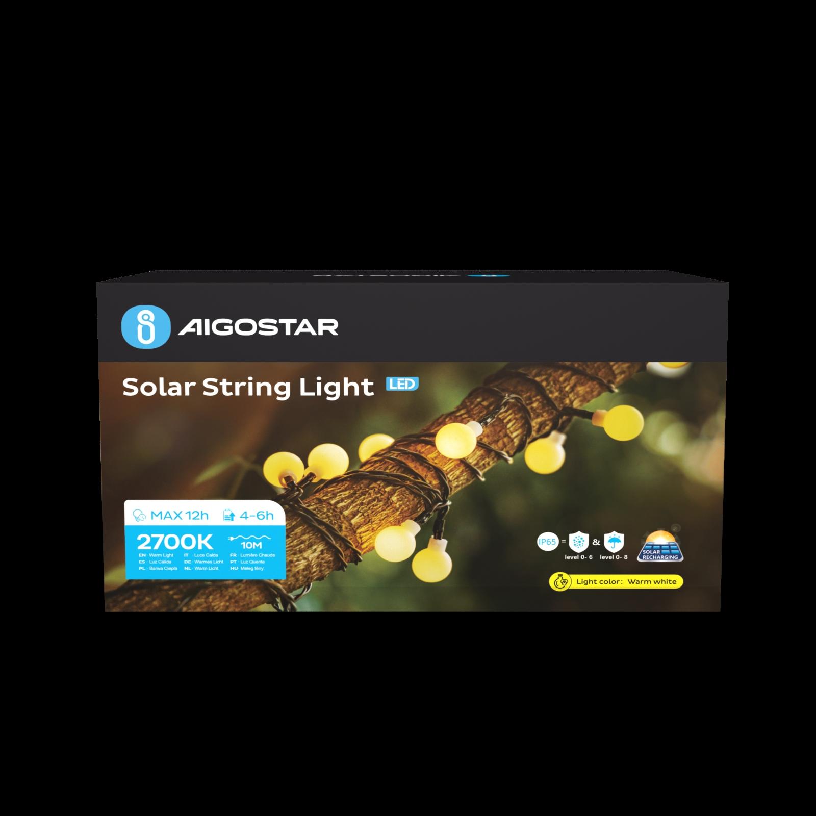 Łańcuch świetlny solarny (Ciepłe światło,12m,2700K), AIGOSTAR