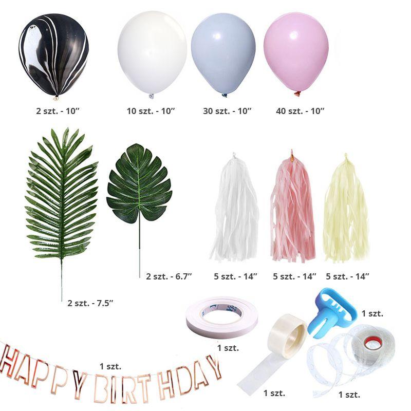 Zestaw dekoracji, balonów urodzinowych - różowo szary 100 elementów
