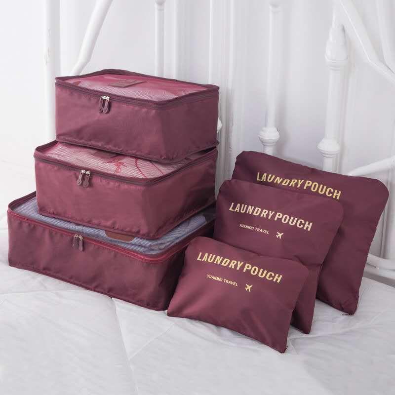 A set of travel organizers for a suitcase and a wardrobe (6 pcs) - burgundy