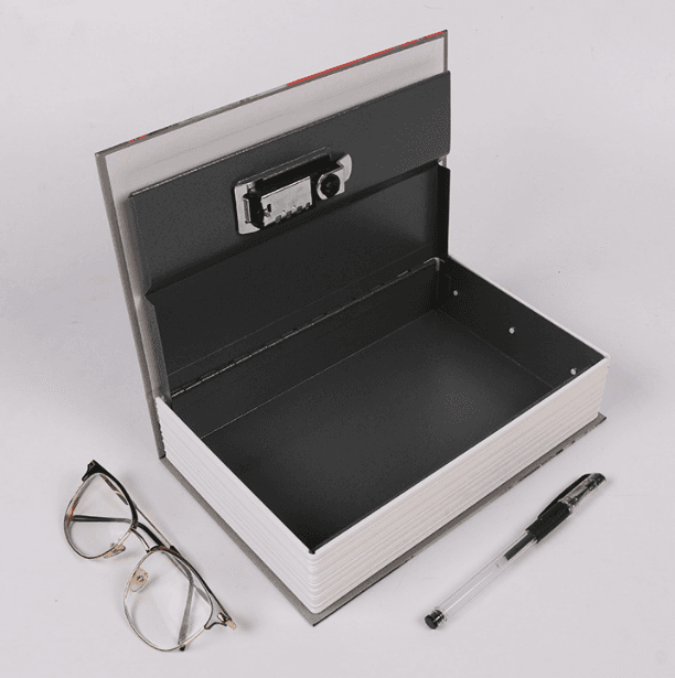 A piggy bank, a safe, a casket, a book-shaped safe