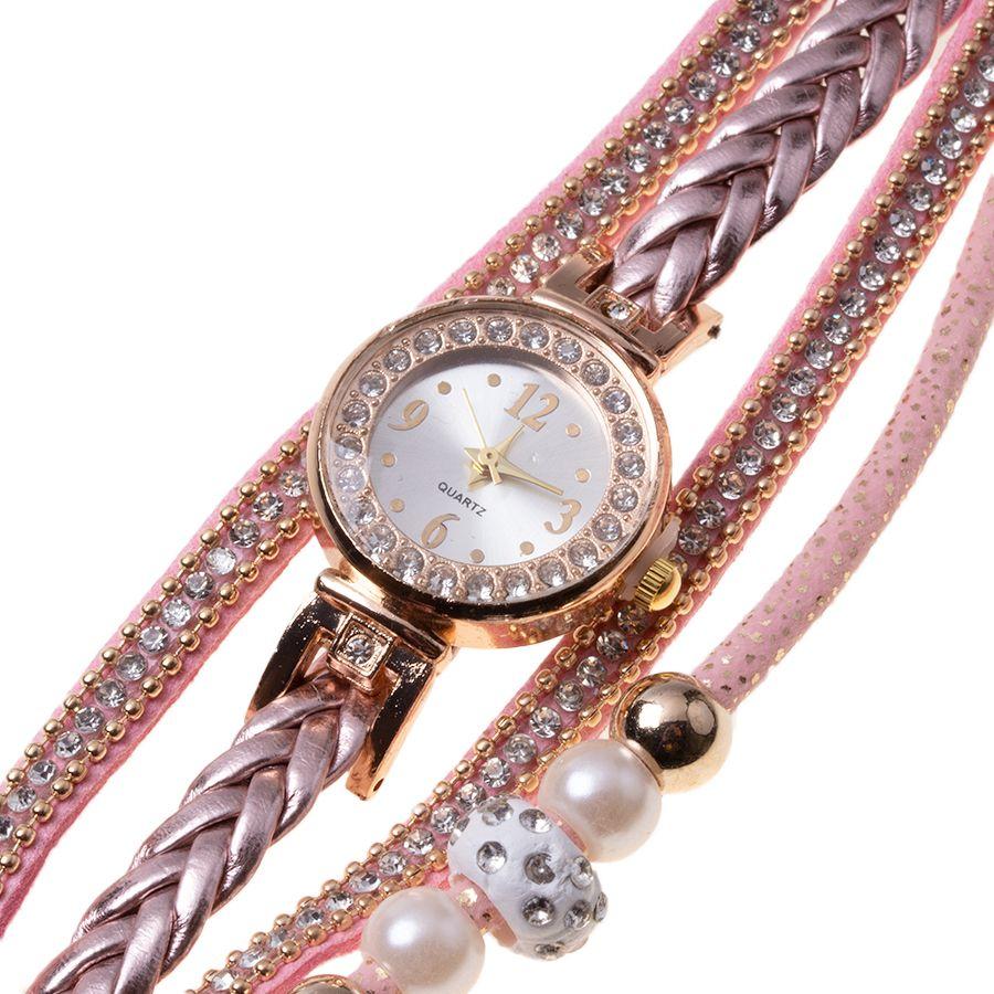 Zegarek złoty z różową bransoletką, pasek owijany