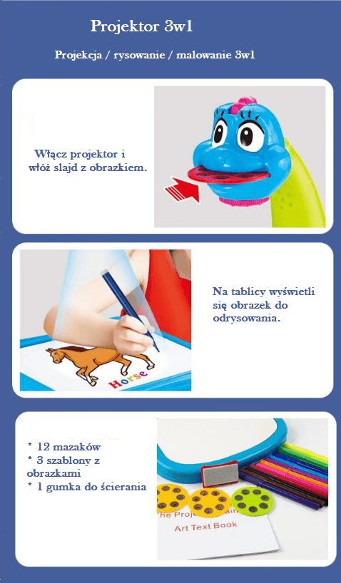 Multifunctional projector / projector for learning to draw - blue dinosaur