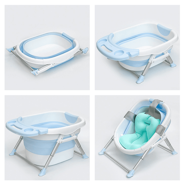 Wanienka składana do kąpieli dla dzieci z poduszką w kolorze miętowym - niebieska