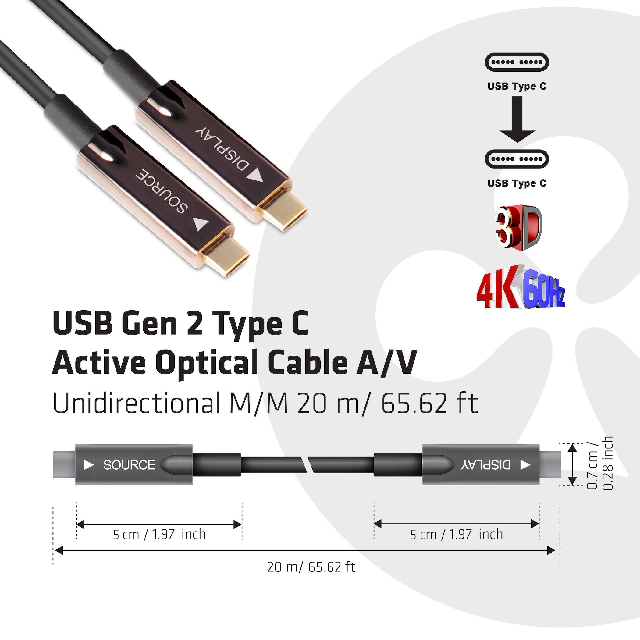 CLUB3D USB Gen 2 Type C Active Optical Cable A/V Unidirectional M/M 20 m/ 65.62 ft
