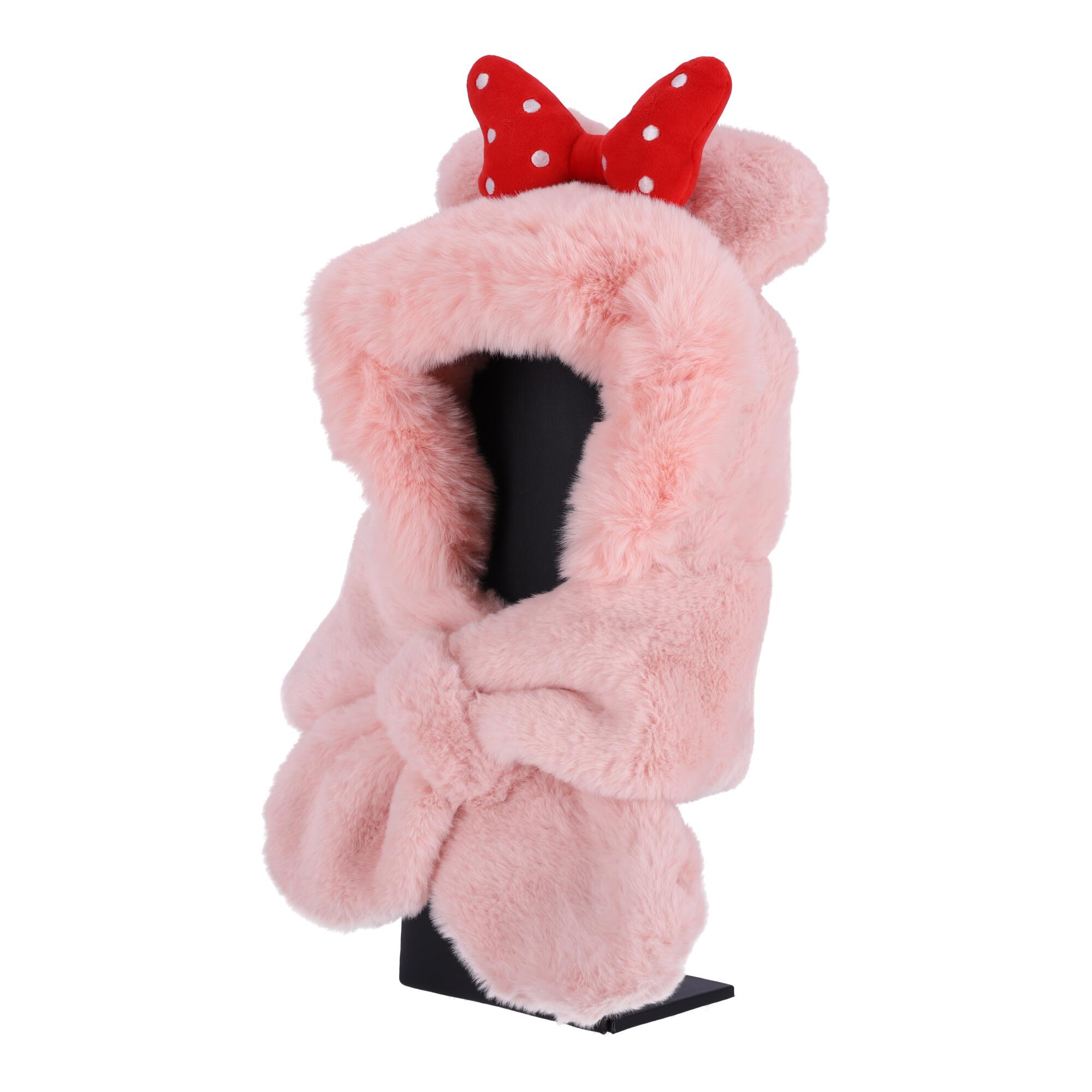 Children's plush hat with a scarf for children aged 1 to 8 - pink with a red bow