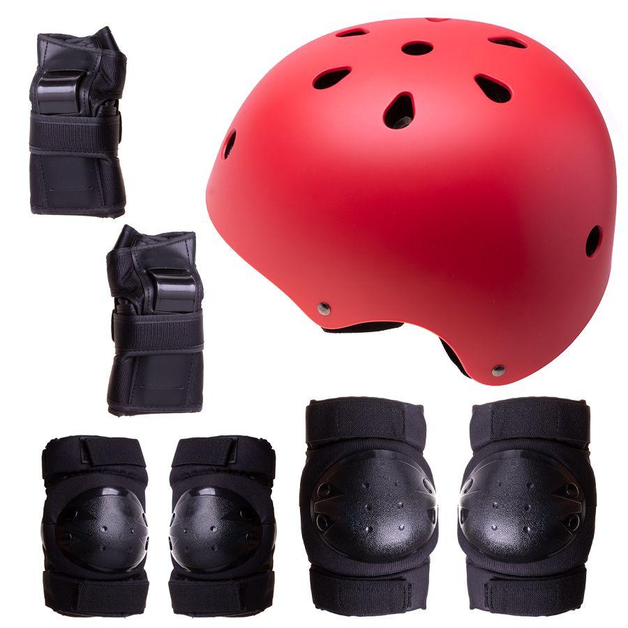 Helmet + protectors for roller / skateboard / bike - red and black, size S