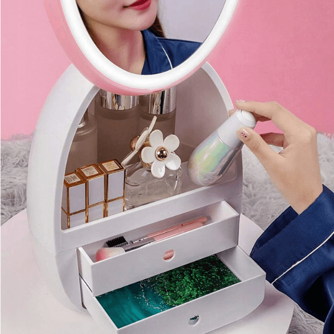 Cosmetics organizer with LED mirror / LED makeup mirror 2-in-1 - pink