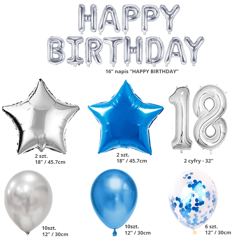 Zestaw balonów na 18-ste urodziny - srebrno - niebieski