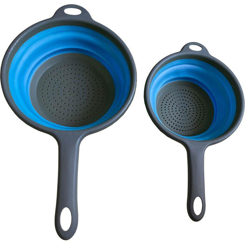 Silicone, foldable colander with a handle - 2 pieces, blue