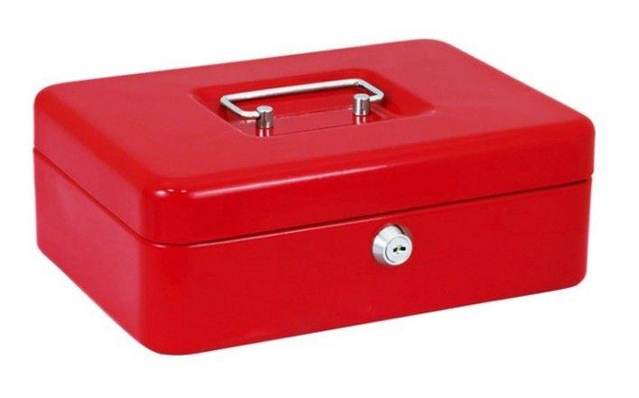 Metal money box, coins, safe + key - red