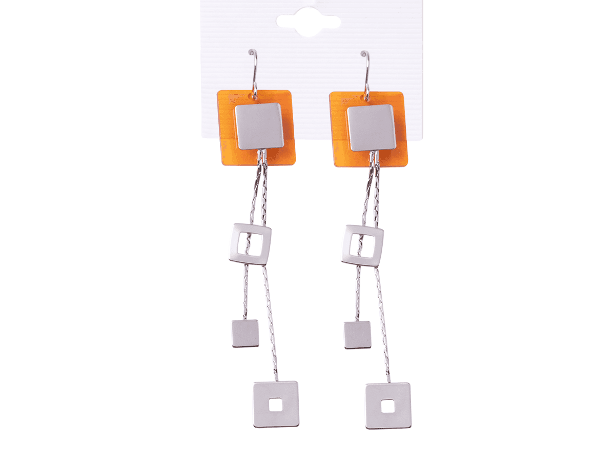 Earrings hanging orange squares with hanging silver rhombuses