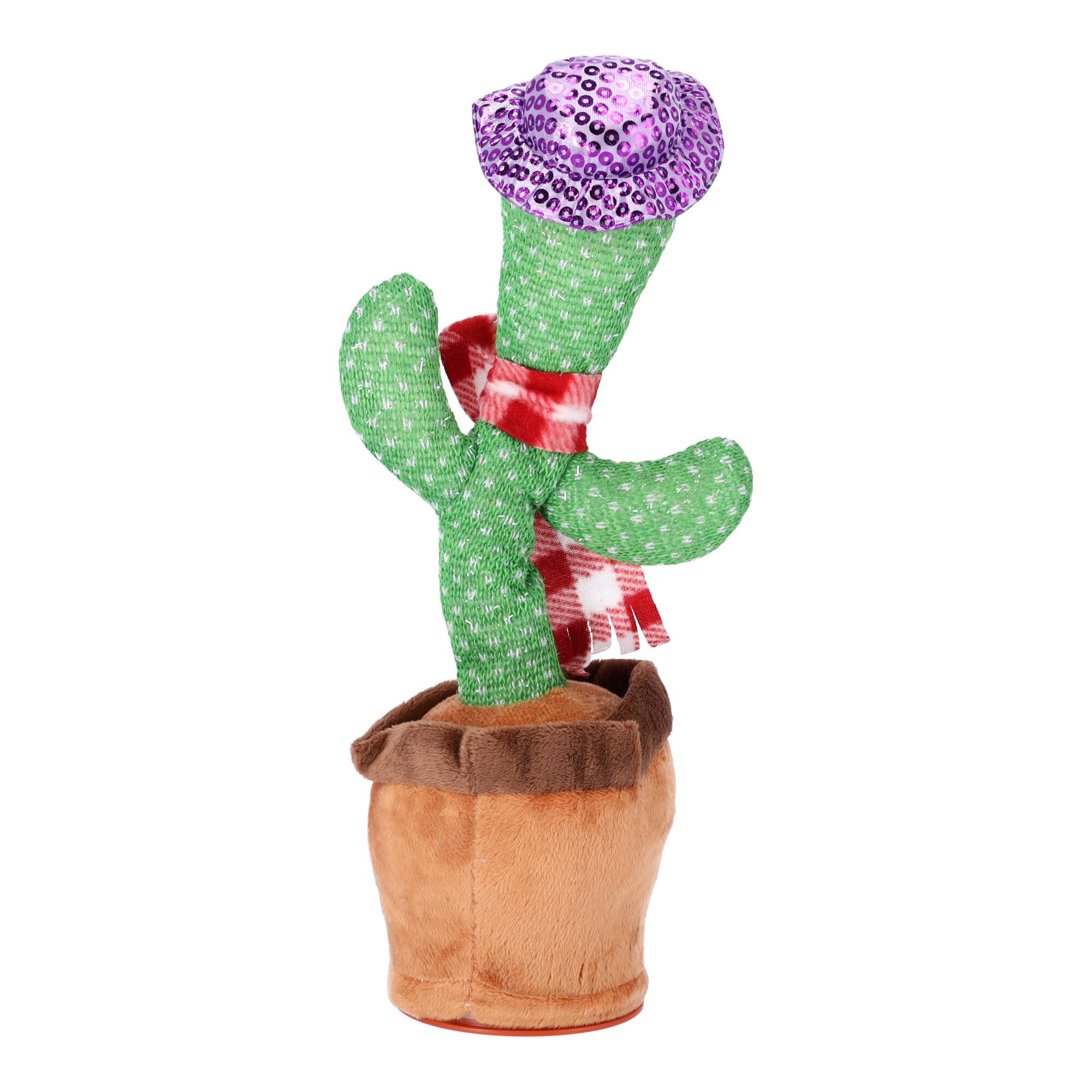 Children's toy - Dancing cactus - with red checkered scarf and purple hat
