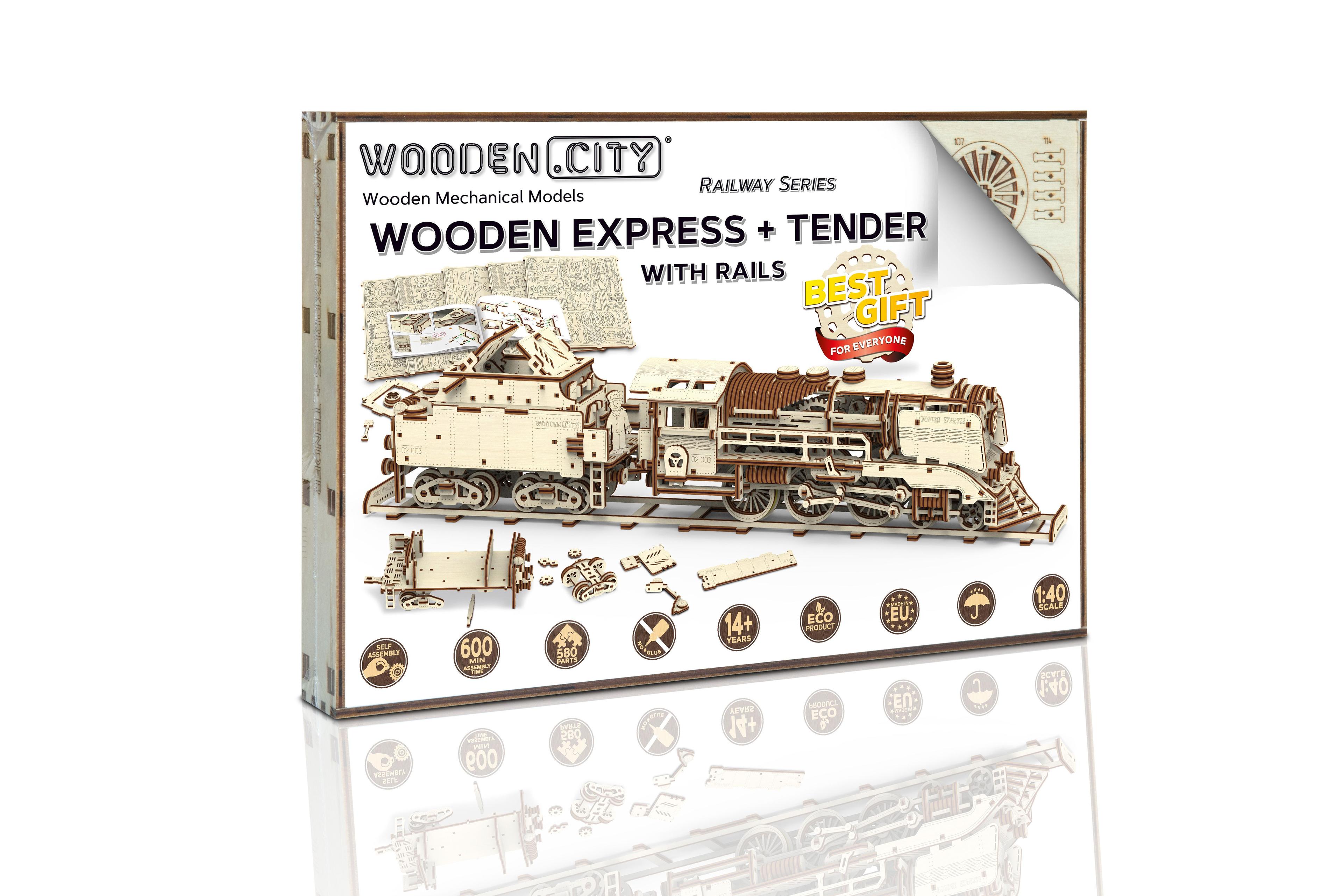 Drewniane Puzzle 3D – Pociąg Woden Express z szynami + Tender