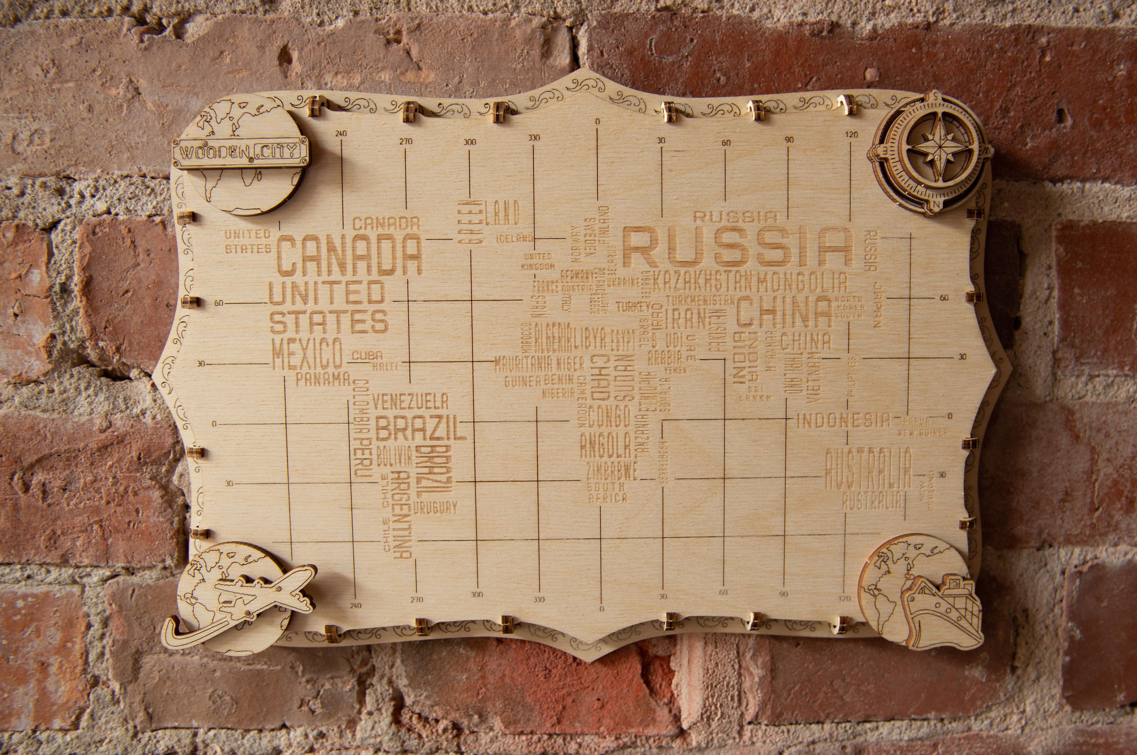 Wooden Model of the World Map (series with names)