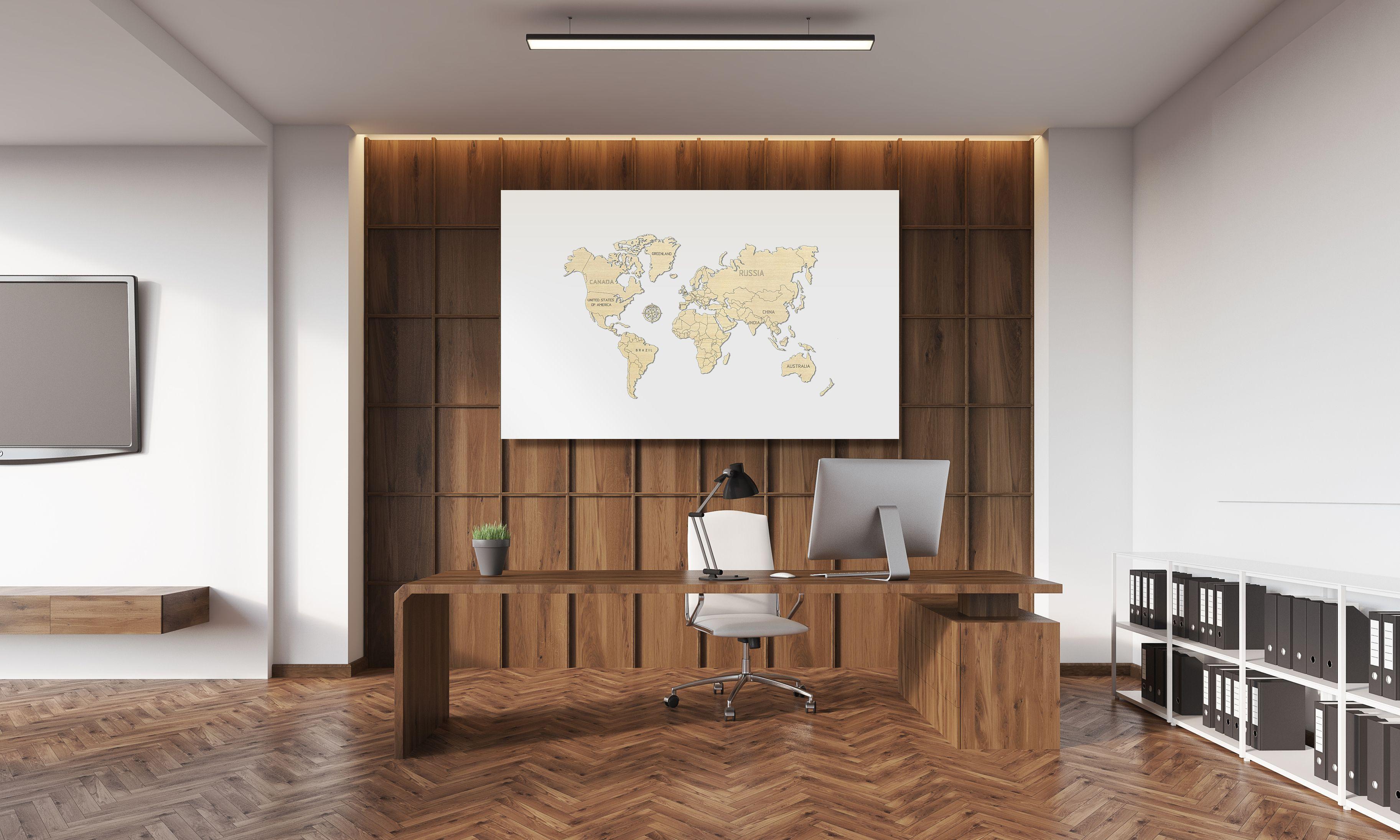 Wooden World Map on a 3D wall, size M - natural color