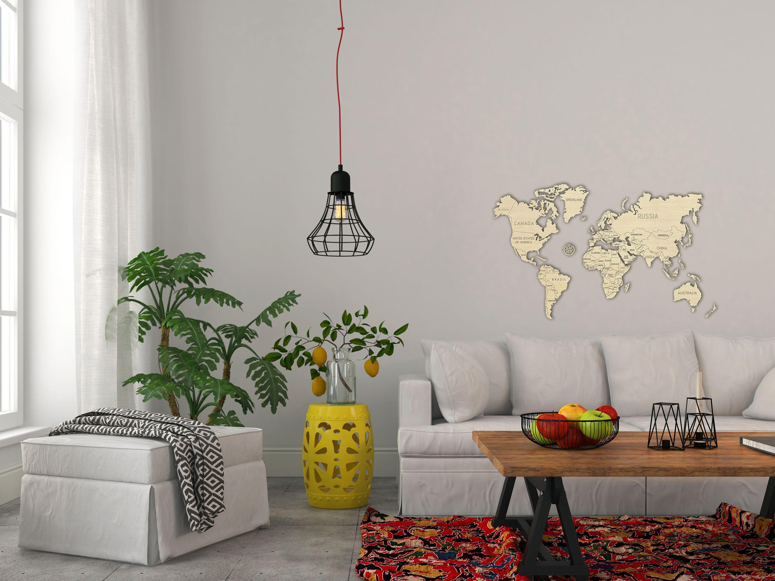 Wooden World Map on a 3D wall, size L - natural color