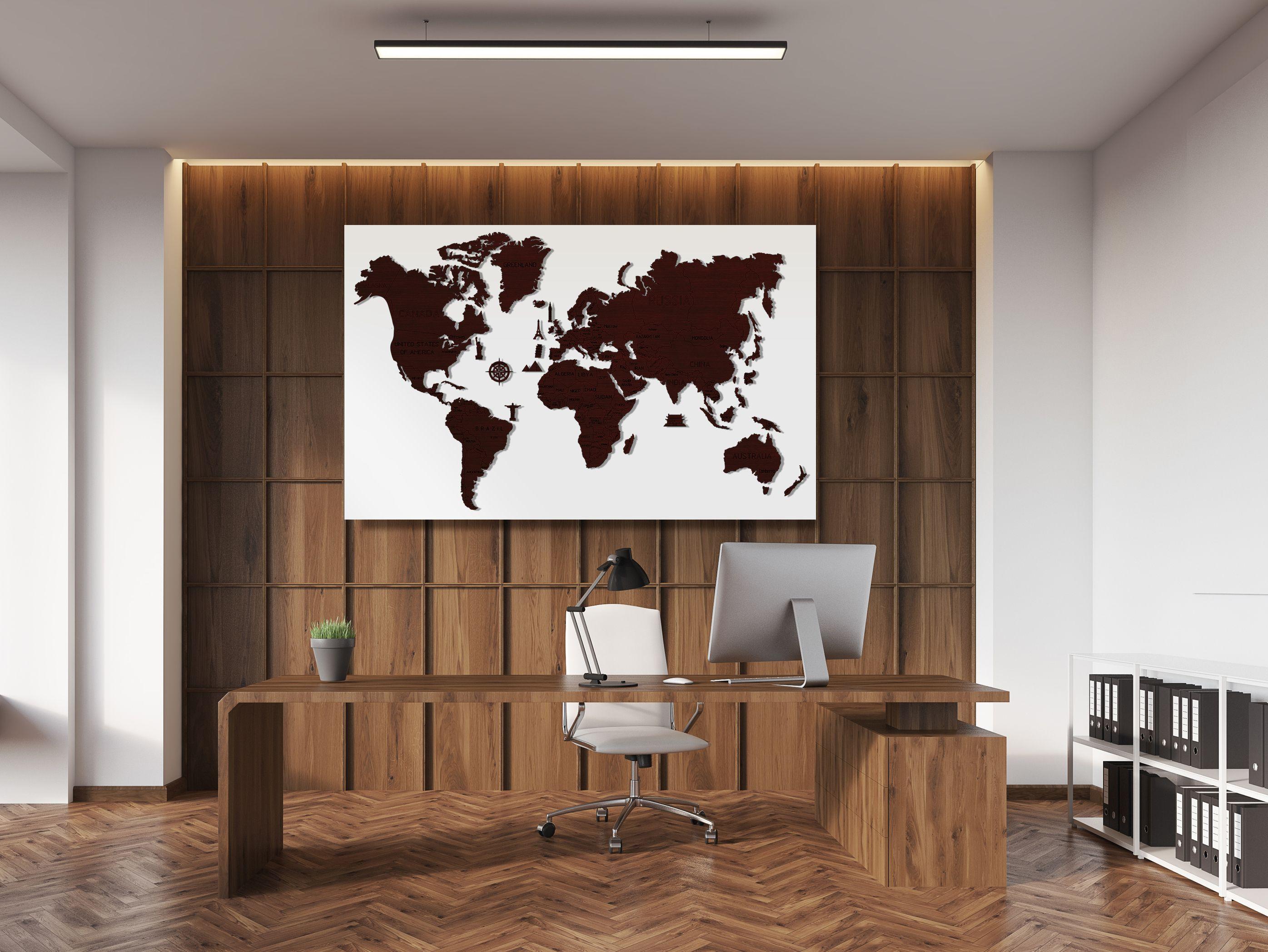 Wooden World Map on a 3D wall, size XL - natural color