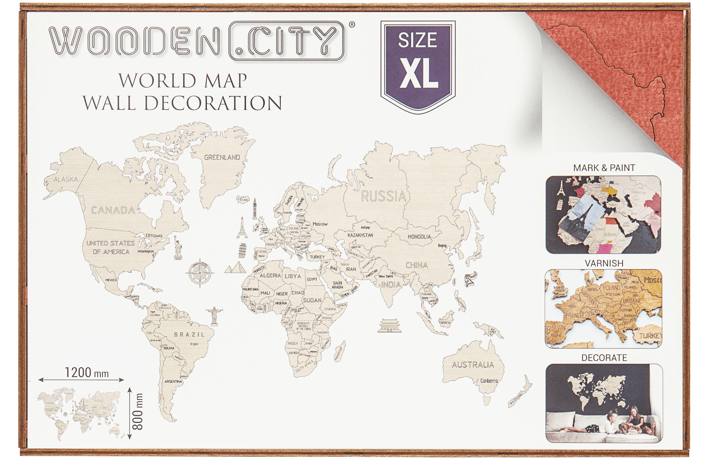 Wooden World Map on a 3D wall, size XL - natural dark-oak