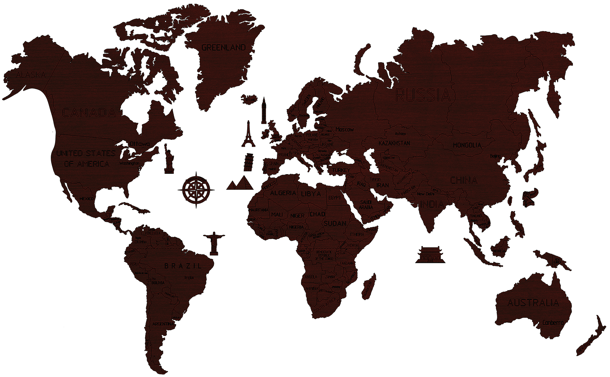 Wooden World Map on a 3D wall, size XL - natural dark-oak