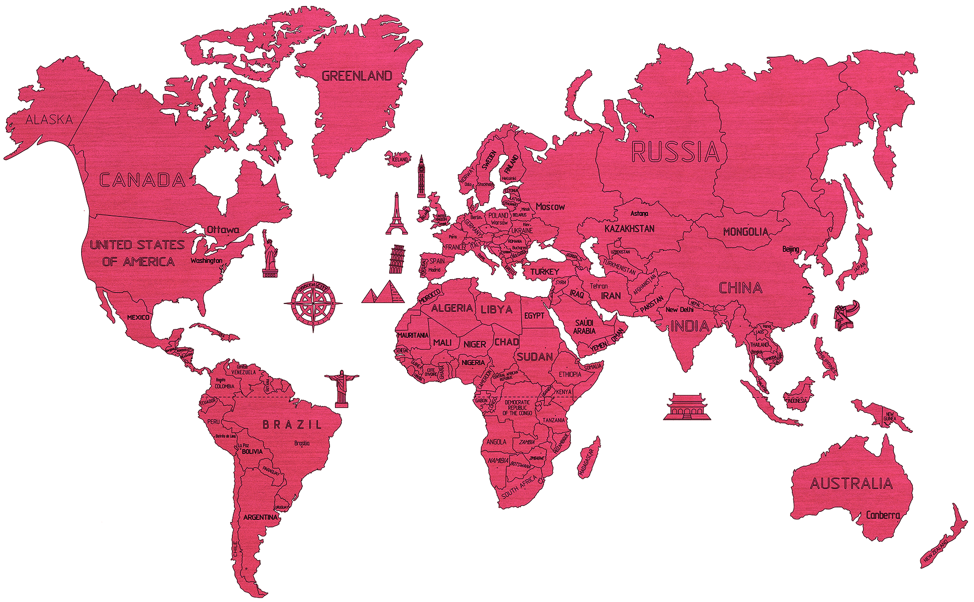 Drewniana Mapa Świata na ścianę 3D, rozm. XXL – kolor koralowy
