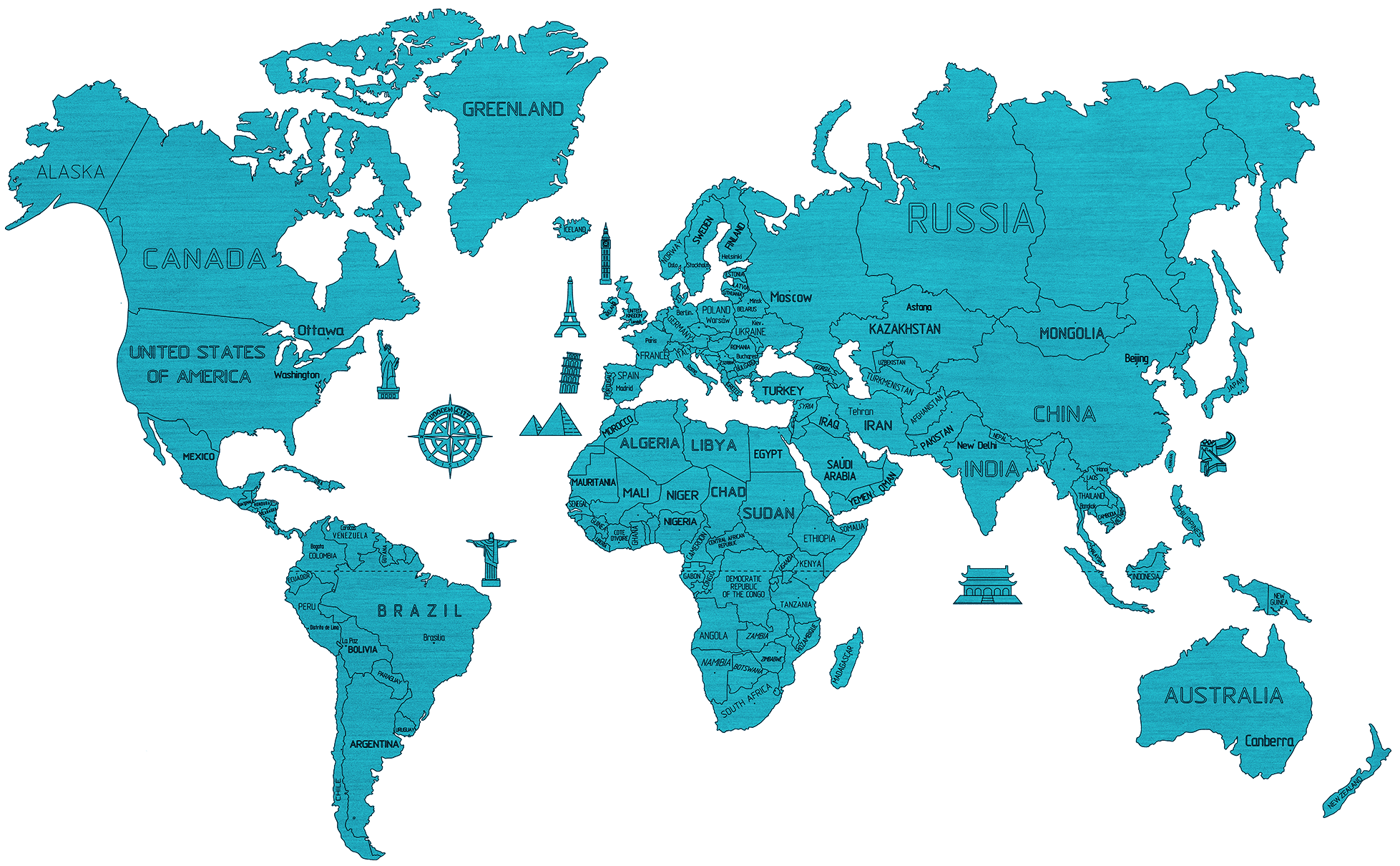Wooden World Map on a 3D wall, size XXL - color cyan
