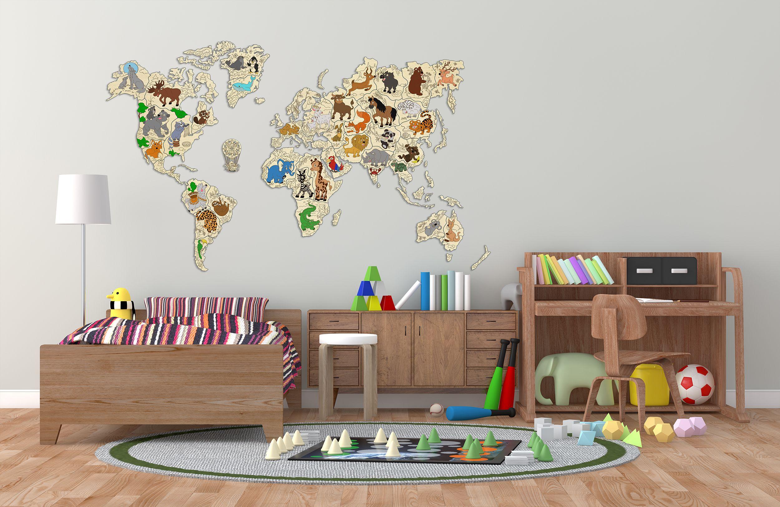 Wooden Animal World Map 3D, size XXL