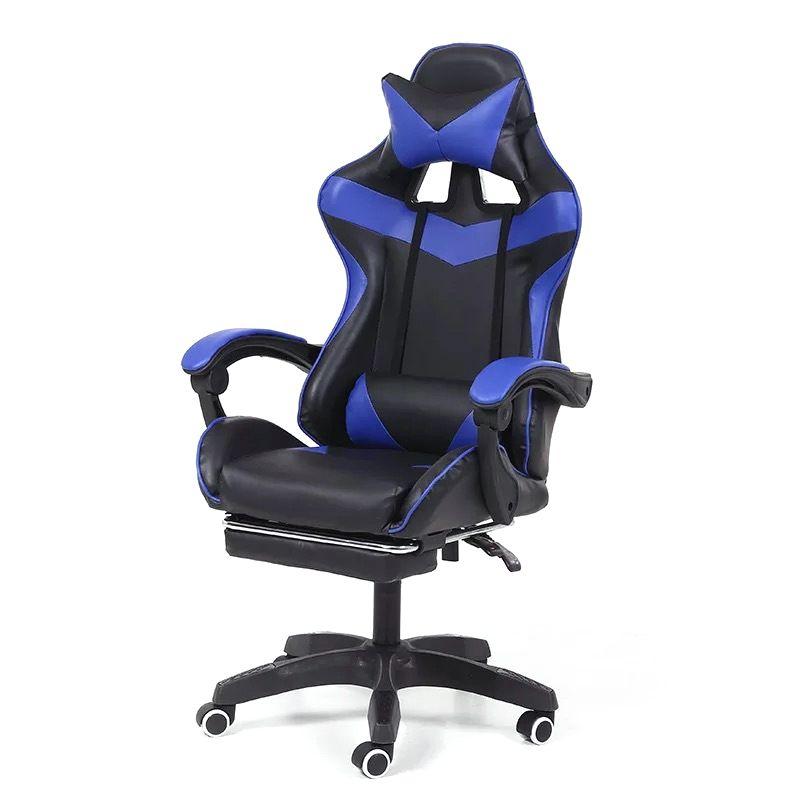 Fotel komputerowy / gamingowy z podnóżkiem – czarno-niebieski