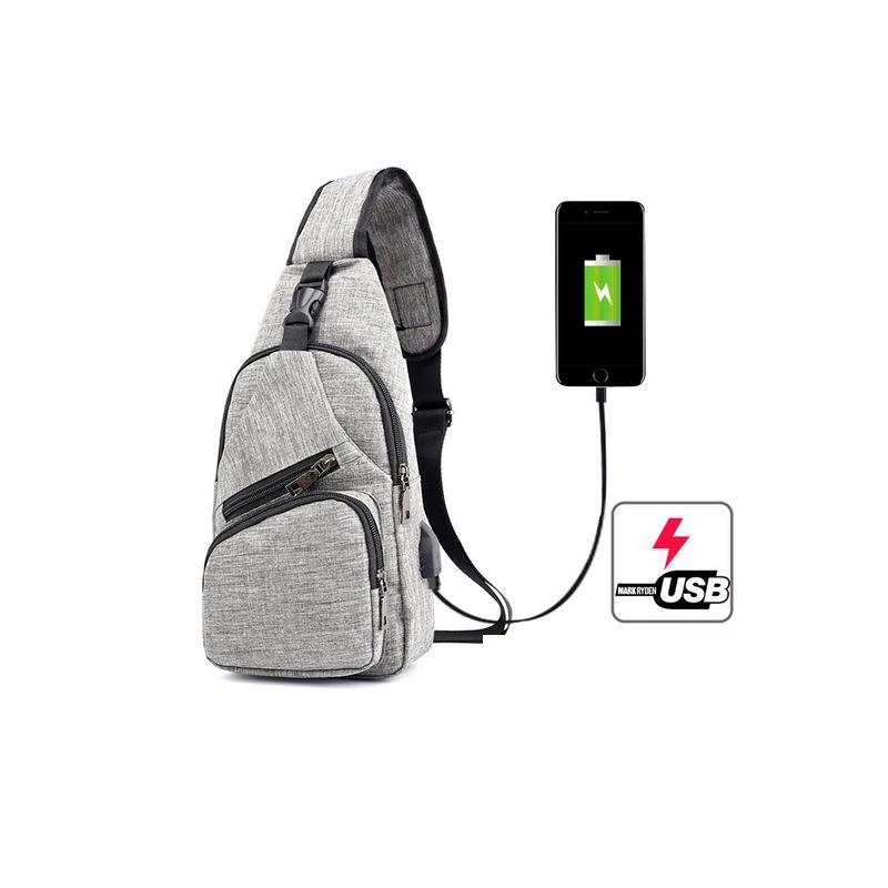 Sportowy plecak na jedno ramię, nerka z USB- jasny brąz