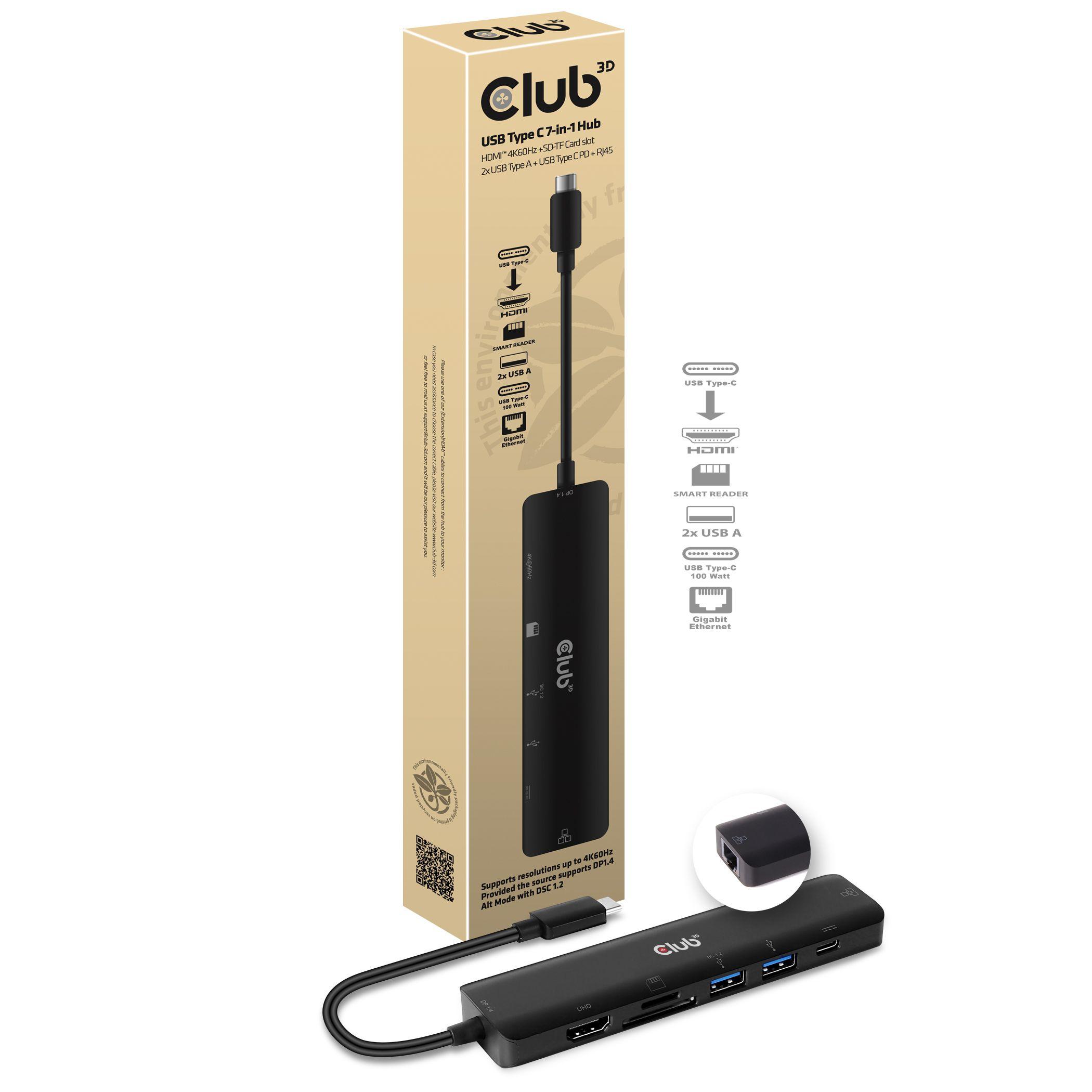 CLUB3D USB Type C 3.2 Gen1 7in1 Hub HDMI 4K60Hz SD TF Card slot 2x USB Type A USB Type C PD RJ45
