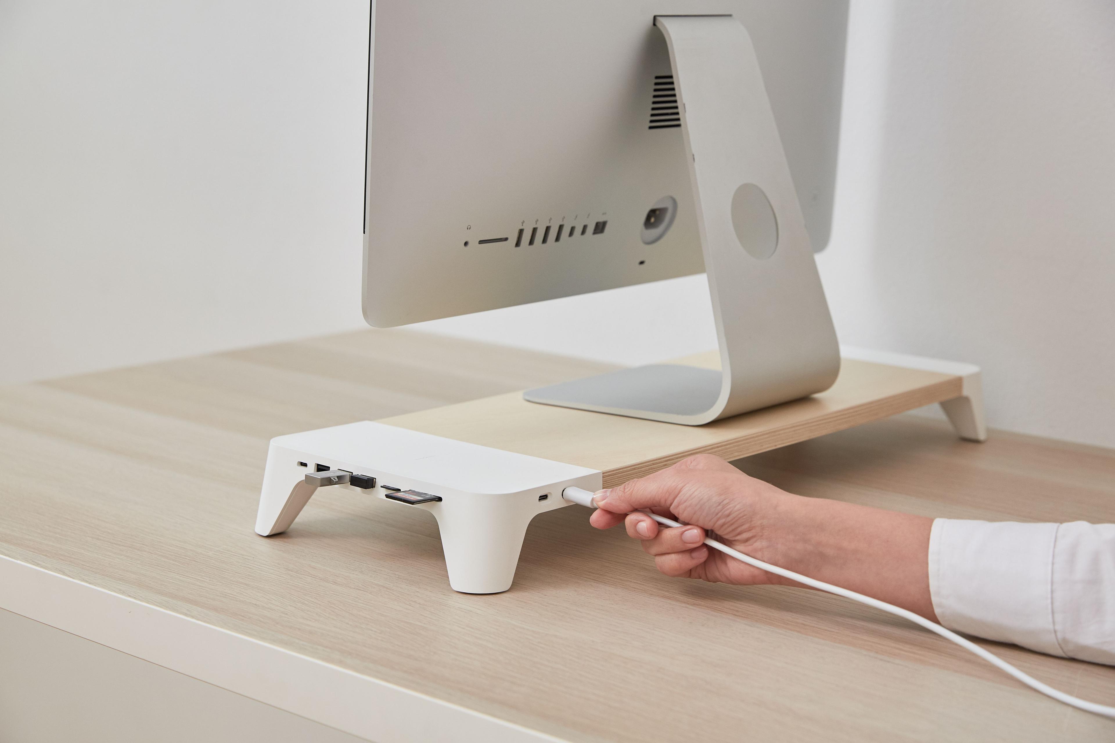 3-in-1 wooden monitor stand hub with fast wireless charging pad POUT EYES 8 white