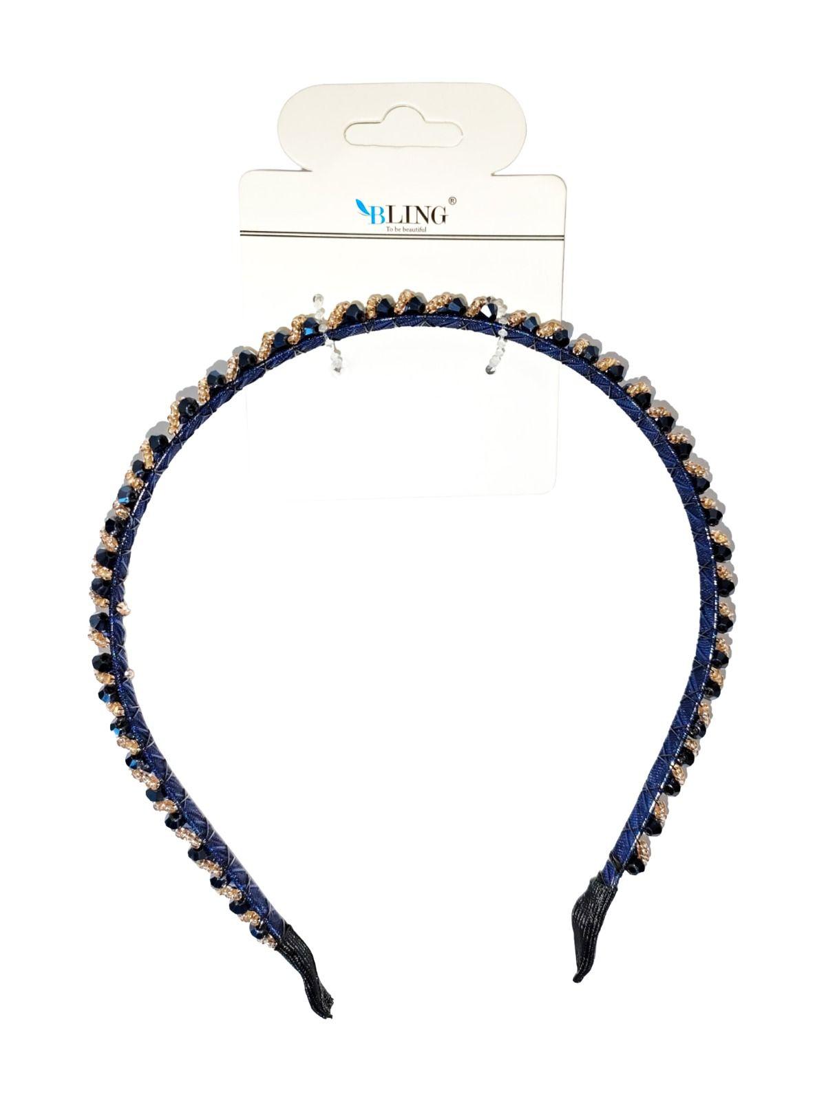 BLING diamond and gold braided hairband - dark blue