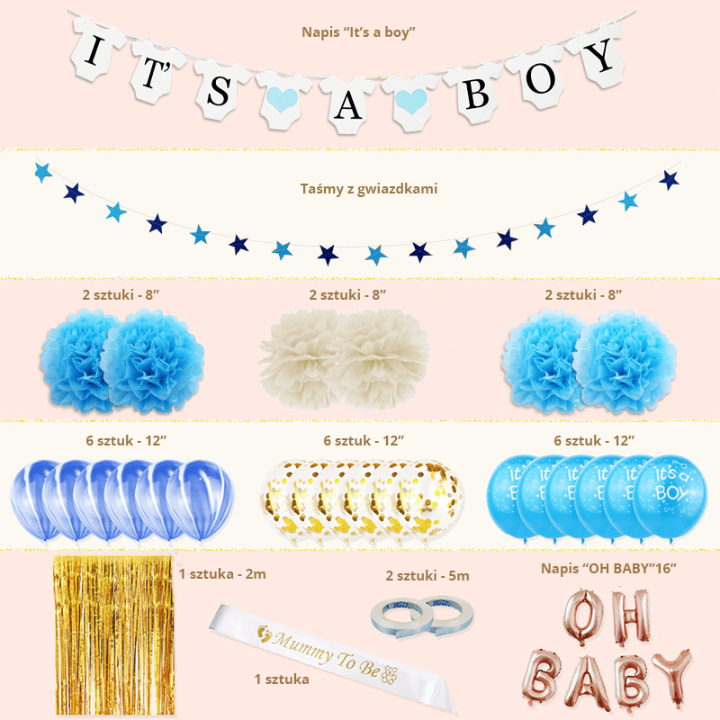 Zestaw balonów i rekwizytów na Baby Shower- "IT'S A BOY"