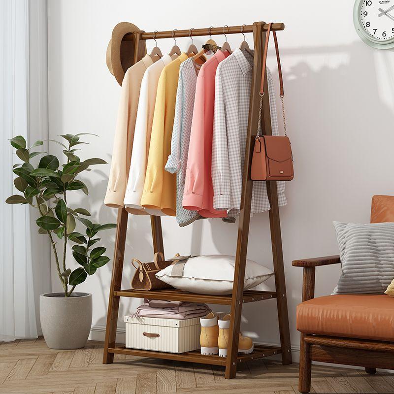 Bamboo free-standing trapezoidal clothes rack with 2-level shelves, width 66 cm