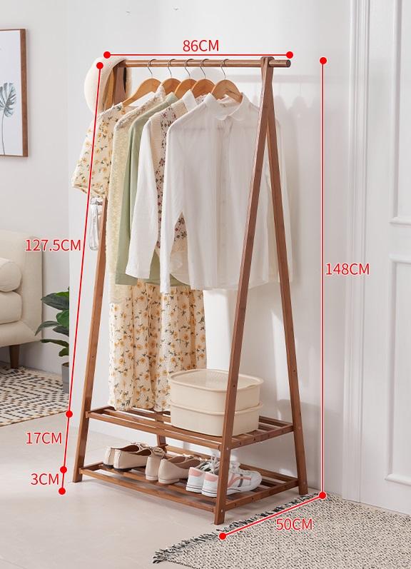 Bamboo free-standing trapezoidal clothes rack with 2-level shelves, width 86 cm.
