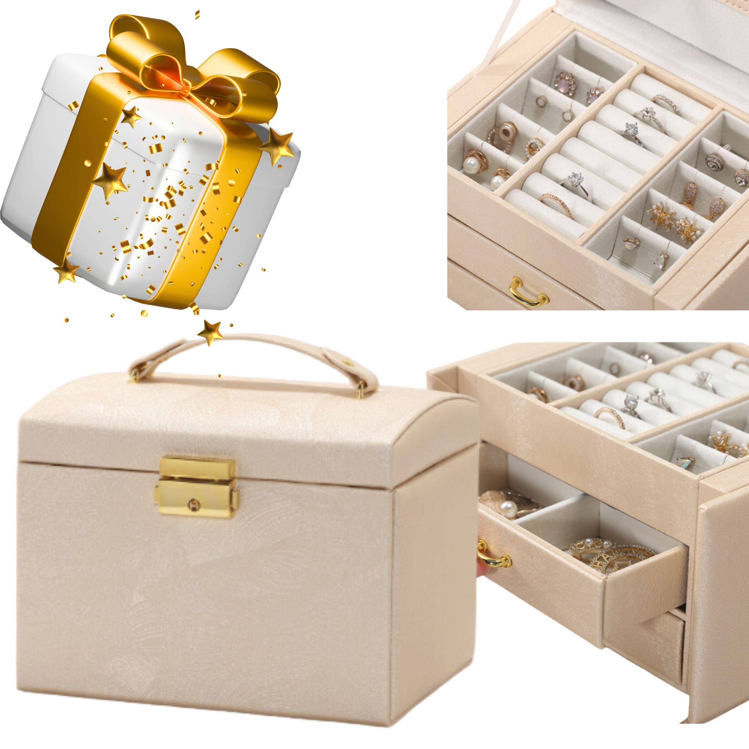 Wielopoziomowa szkatułka LELANI, kuferek na biżuterię L- beżowo-złota