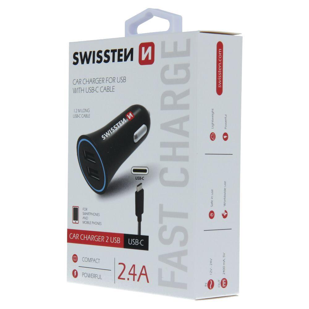 Car Charger 2.4A 2x USB + cable USB-C Swissten
