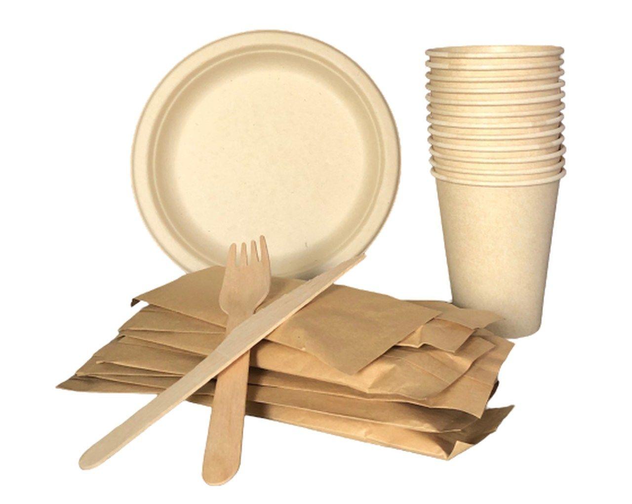 A set of disposable dishes for 12 people made of sugar cane